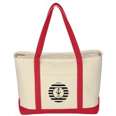 natural cotton tote bag with red trim and carrying handles, front pocket, and top zippered closure