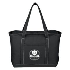 black cotton tote bag with carrying handles, front pocket, top zippered closure, and an imprint saying jacob brothers country club since 1847