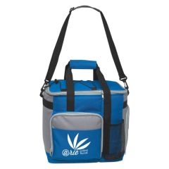 blue, gray, and black cooler bag with carrying handles, detachable adjustable straps, and multiple pockets