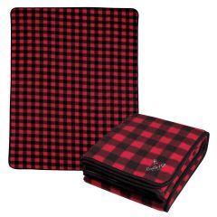 red and black plaid blanket with embroidered imprint saying castle hill hotels & resorts