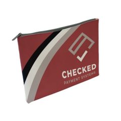 maroon small pouch with a full color design with imprint saying checked payment systems