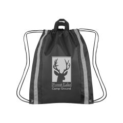 black drawstring bag with reflective strips, carrying handles, and an imprint saying forest lake camp ground