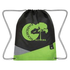 green and black non-woven drawstring bag with mesh accent, attachment for keys, and an imprint saying darkmoon network