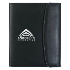 personalized black leatherette portfolio with snap closure and an imprint saying anderson consulting