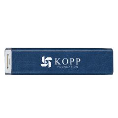 blue and white rectangle power bank with an imprint saying kopp foundation
