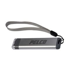 a silver LED keychain with a wrist strap and an imprint saying Pelco
