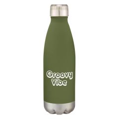 green stainless steel bottle with silver base and lid and an imprint saying Groovy Vibe
