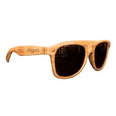 light wood tone sunglasses with an imprint on the side saying digio