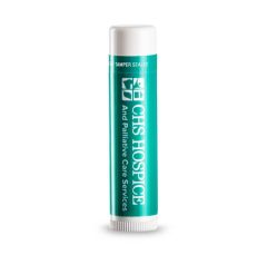 White lip balm with an imprint of a green background and text saying chs hospice and palliative care services