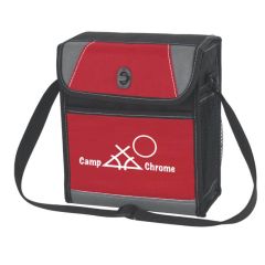 red, black, and gray lunch bag with adjustable strap and lockable pocket