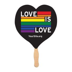 heart handheld fan with an imprint of a black background and pride rainbow colors with text saying love is love and yoursite.org text below