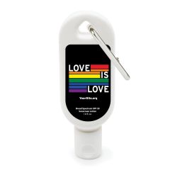 white sunscreen bottle with a silver carabiner and an imprint of a black background with the pride flag colors and text saying love is love with yoursite.org text below
