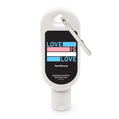 White sunscreen bottle with an imprint of a black background and the trans flag colors with text saying love is love and yousite.org text below
