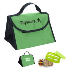 a green lunch bag with a matching food container with an imprint saying Physicare