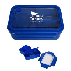 blue food container with built-in vent, foldable spoon, lid with clips, removable compartment, and an imprint saying blue canary family healthcare