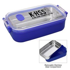 personalized blue food container with an imprint saying k-hss kline home security system, removable stainless steel compartment, built-in vent, and lid with side clips