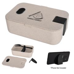 natural speckled food container with a black plastic fork, built-in vent, adjustable divider, and phone holder