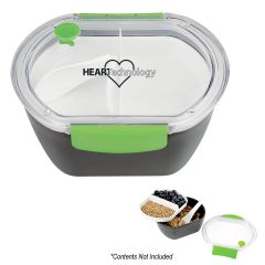 personalized food container with foldable plastic spoon, 2 compartments for food, lid with side clips, and built in steam vent