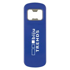 personalized blue bottle opener with imprint on front