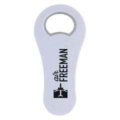 personalized white bottle opener with imprint on front
