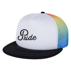 trucker hat with a black and white front with an imprint saying pride and a rainbow design at the back