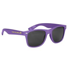 purple sunglasses with an imprint saying york global
