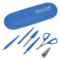 personalized blue manicure set with Scissors, Nail Clipper, Cuticle Trimmer, Nail File, Cuticle Pusher, Cuticle Shaper That Matches Case Color, and an imprint saying women center health & diagnostic