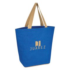 blue jute tote bag with an imprint saying Juarez