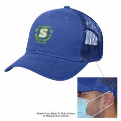 blue trucker hat with side buttons for face mask and an imprint saying stanley