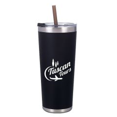 black stainless steel tumbler with a clear lid and included straw and an imprint saying tuscan tours