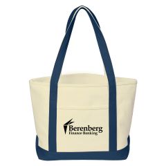 natural and blue cotton tote bag with carrying handles, front pocket, and an imprint saying berenberg finance banking
