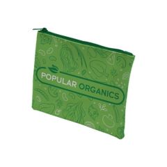 a green medium pouch with a background of veggies and an imprint in the middle saying Popular Organics