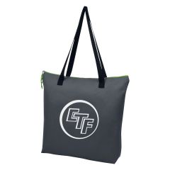 gray tote bag with green top zippered compartment and an imprint saying CTF