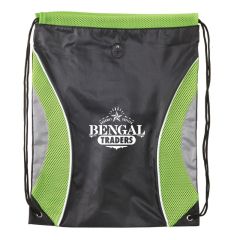 black drawstring bag with green mesh, earbud slot, and an imprint saying Gourmet Coffees Bengal Traders