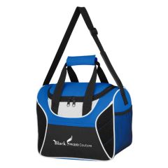 Blue, gray, and black mesh cooler bag with carrying handles, adjustable strap, and an imprint saying black swan couture