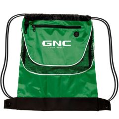 green mesh drawstring bag with a front zippered pocket, earbud slot and an imprint saying GNC live well