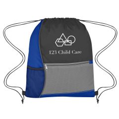 Personalized drawstring bag with front zippered pocket and side mesh pocket