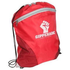 a red zippered drawstring bag with a zippered compartment, mesh pockets, and an imprint saying Gipperade sports drink