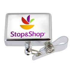 metallic badge holder with a full-color imprint saying Stop & Shop