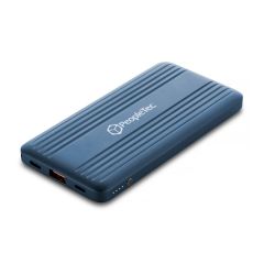 blue power bank with one usb, 2 usb-c ports, and an imprint saying peopletec