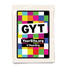 White mini tissue packet with logo in the middle including a multiple square background and text saying gyt with yoursite.org and @yourorg text below