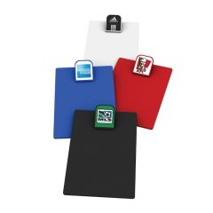 a group of mini clipboards in blue, red, black, and white with laminated imprints