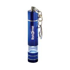 blue mini led keychain with an imprint saying listome