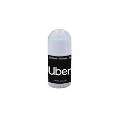 a mini lip balm with a twistable knob at the bottom to advance lip balm and an imprint saying uber