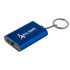 blue mini power bank keychain with an imprint saying All-Safe Automotive
