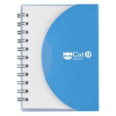 two tone mini spiral notebook in frosted white and blue with an imprint saying cat 9 billiards