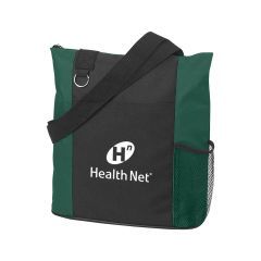 black tote bag with a side mesh pocket, front pocket, zippered compartment, and an imprint saying HealthNet