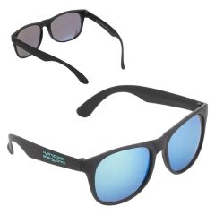 black sunglasses with blue mirrored lenses and an imprint saying hydropower energy drink
