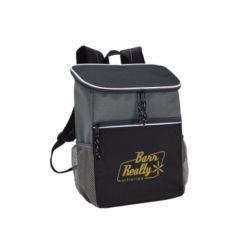 black and gray backpack with side mesh pockets, front zippered compartments, and an imprint saying Barr Realty of Florida