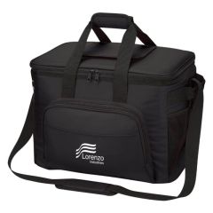black cooler bag with carrying handles, adjustable strap, easy access top compartments, multiple pockets, and an imprint saying lorenzo industries